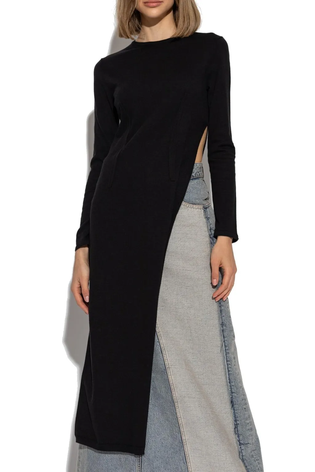 Slit-Detailed Long Knitted Top