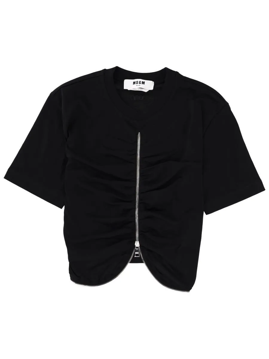 Zip-Detail Gathered T-Shirt