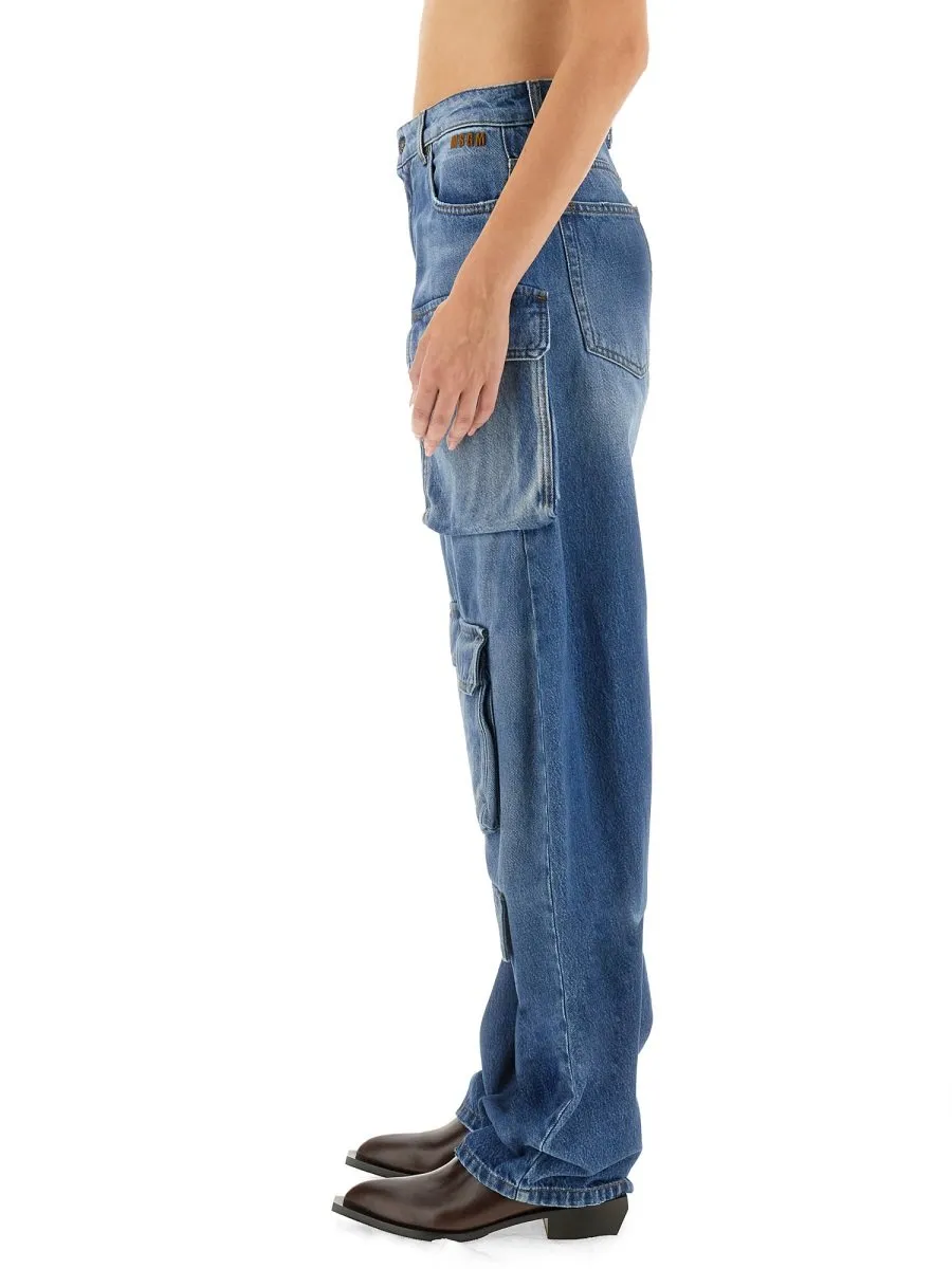 Pre-Washed Denim Cargo Jeans