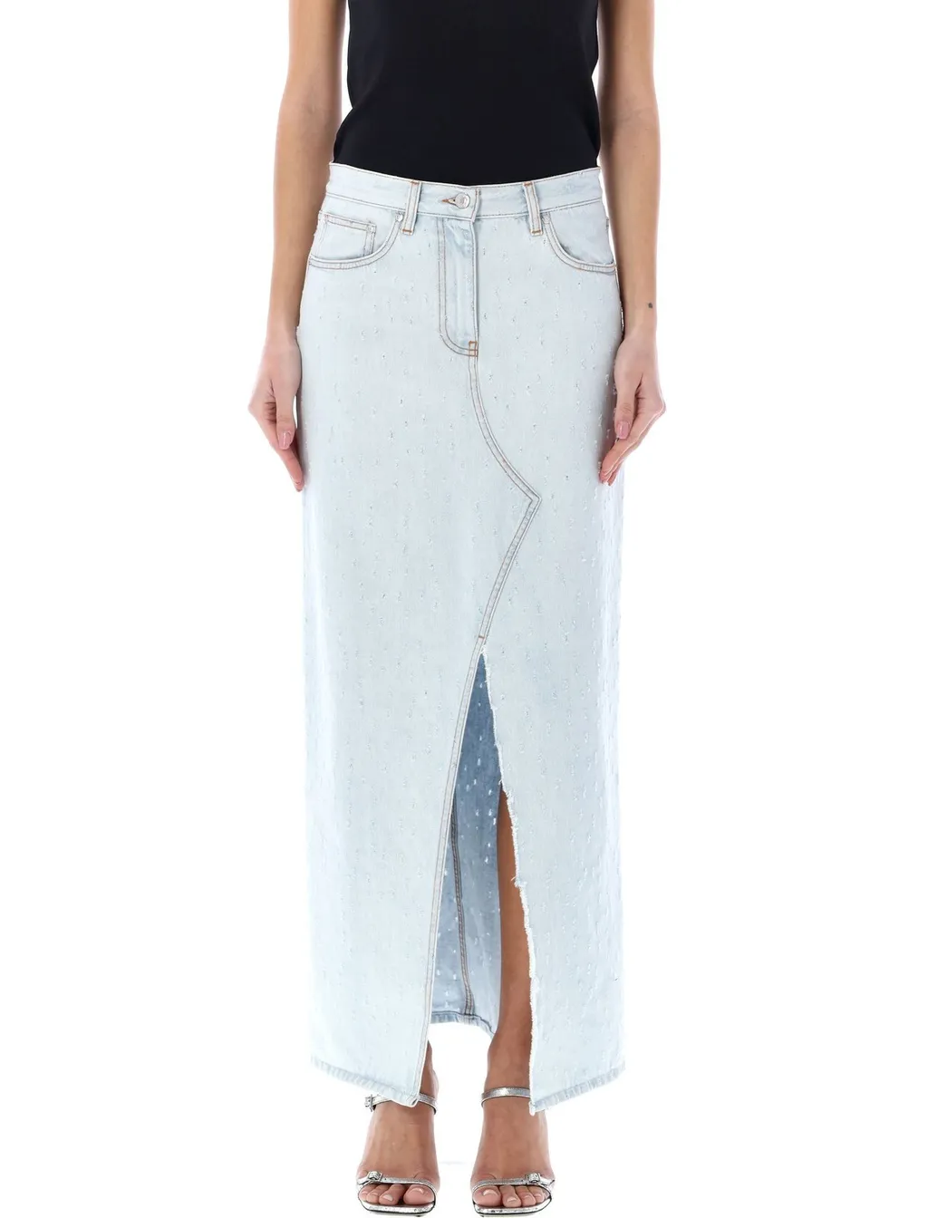 Front-Slit Denim Midi Skirt