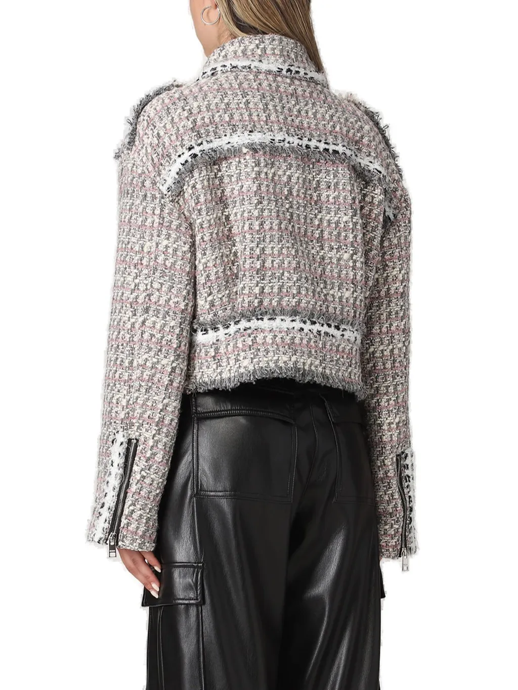 Zipped Cropped Tweed Biker Jacket