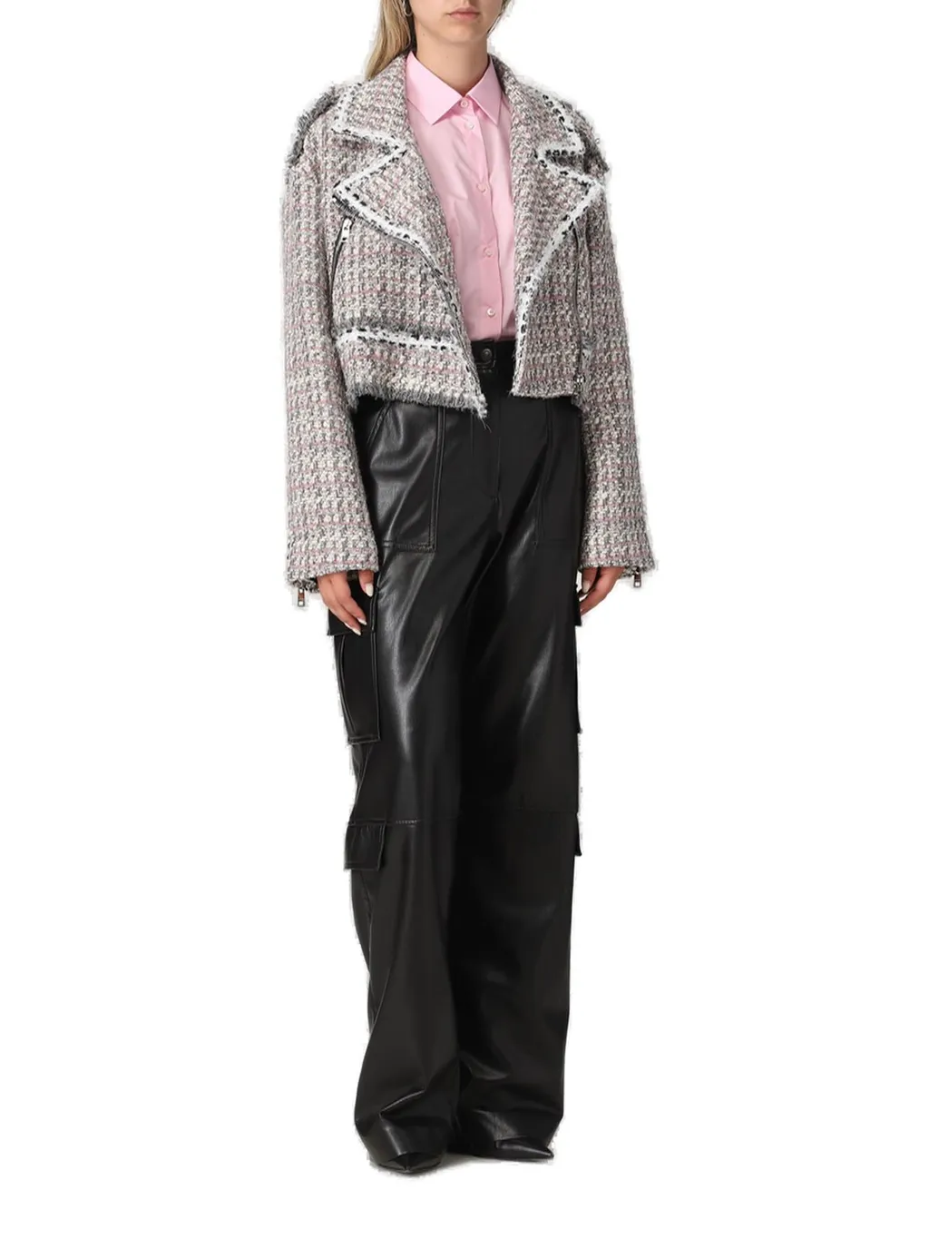Zipped Cropped Tweed Biker Jacket