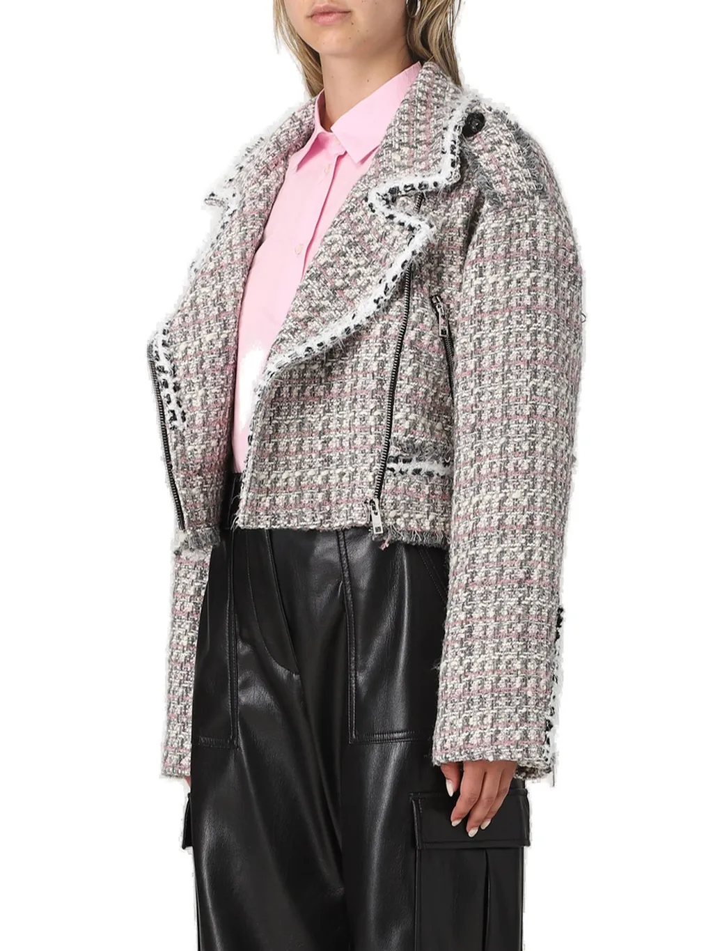 Zipped Cropped Tweed Biker Jacket