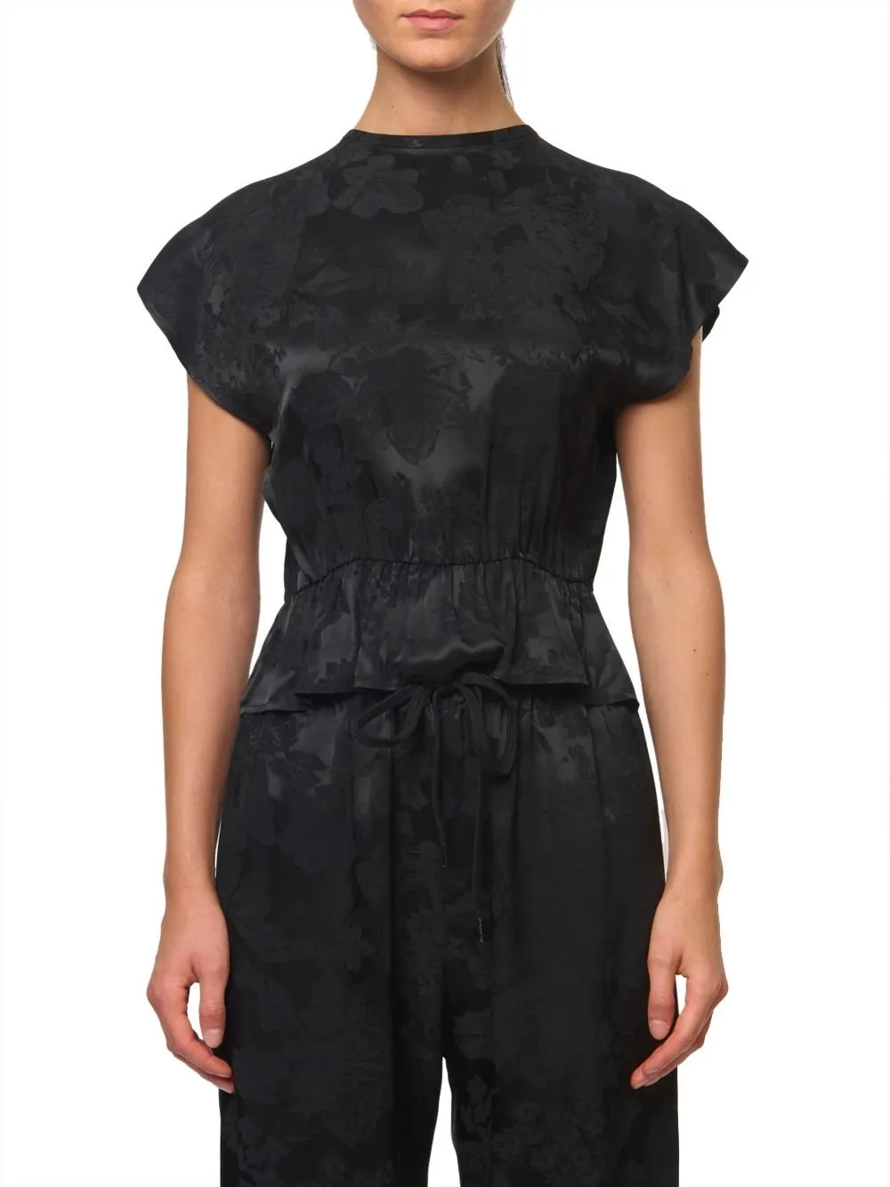 Floral-Brocade Peplum Hem Blouse