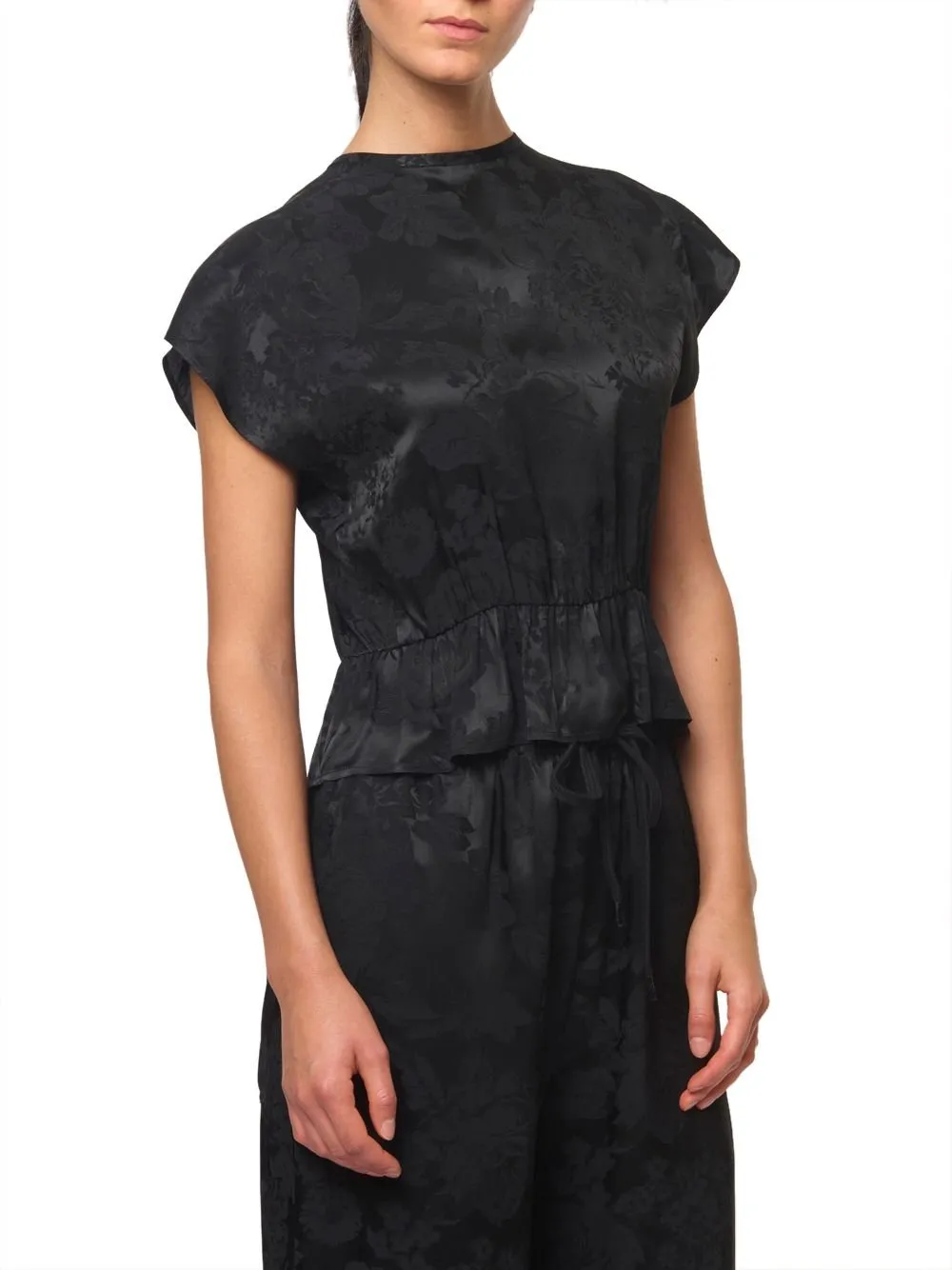 Floral-Brocade Peplum Hem Blouse