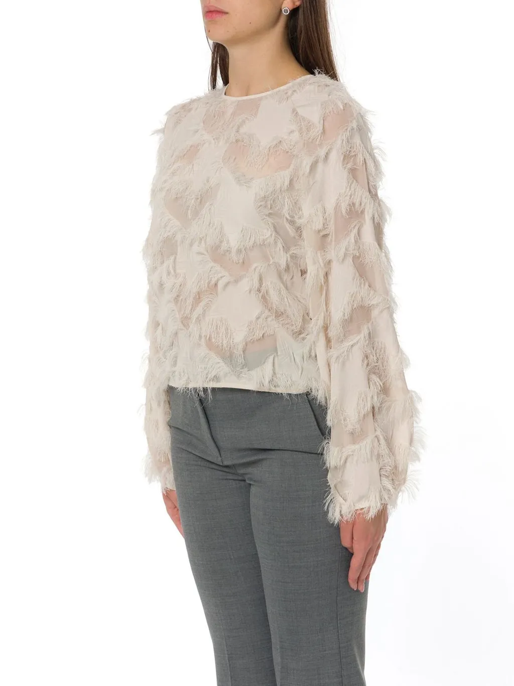 Sheer Feather-Trimmed Blouse