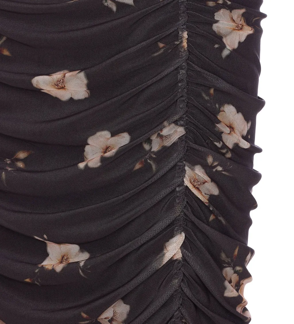 Ruched Floral Print Midi Skirt