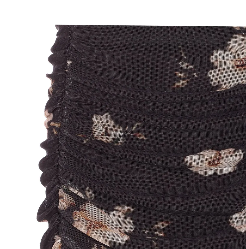 Ruched Floral Print Midi Skirt