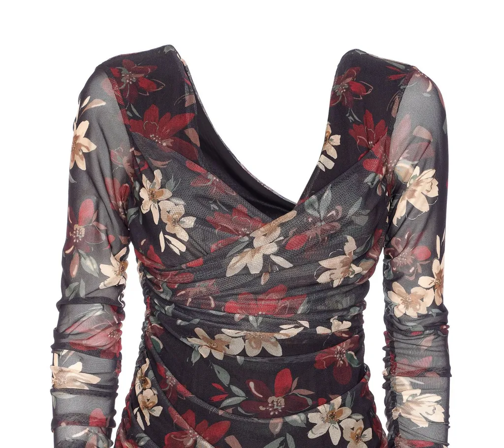 Ruched Floral Mesh Dress