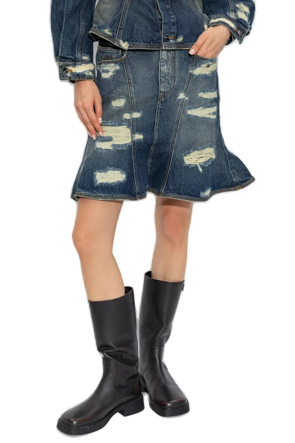 Denim Skirt With Distressed Details And Flared Hem