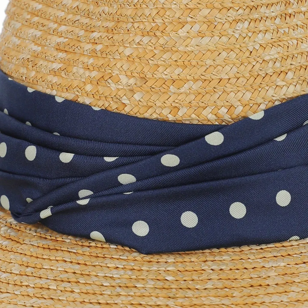 Straw Fedora Hat With Polka Dot Scarf