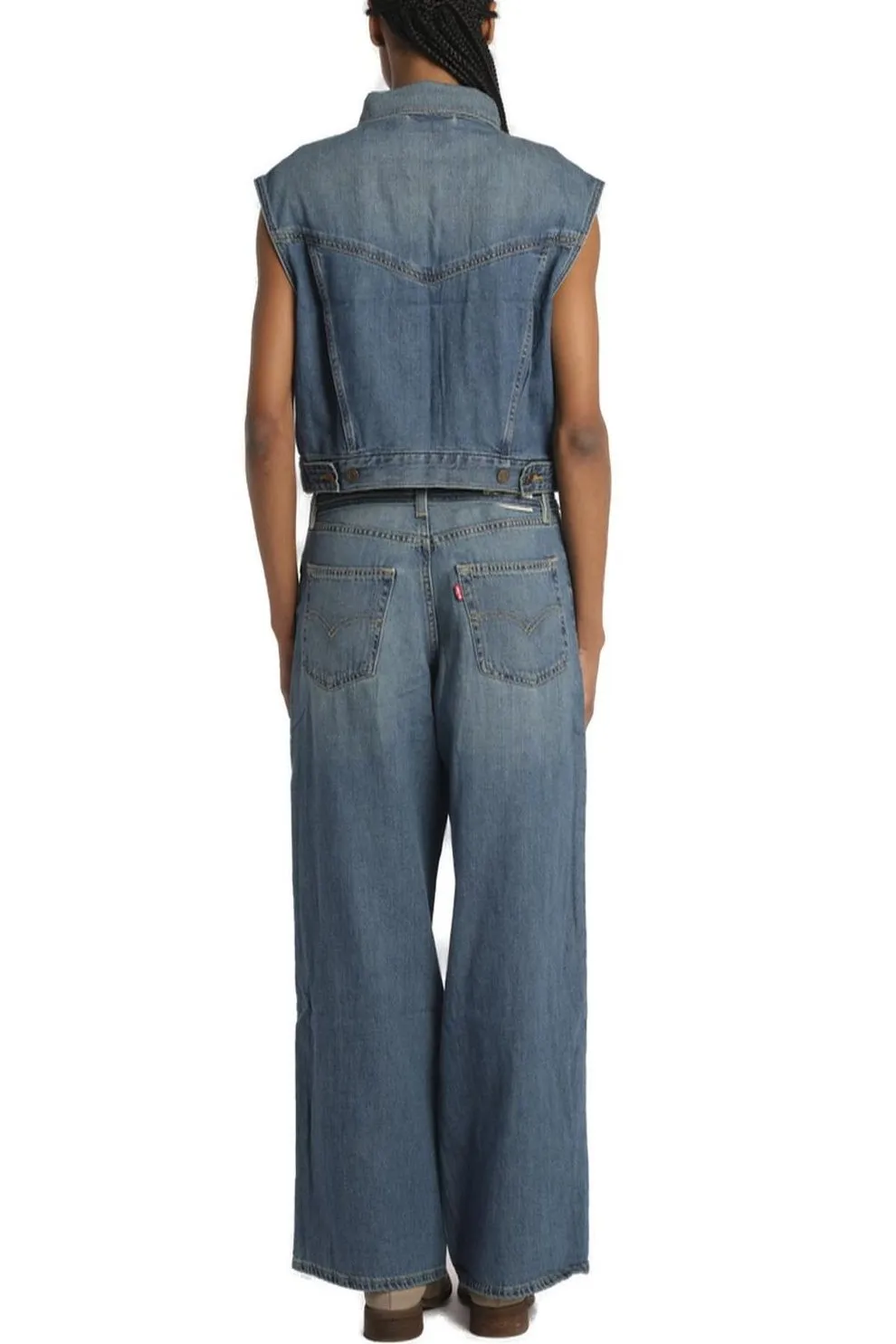 Denim Vest And Wide Leg Jeans Set