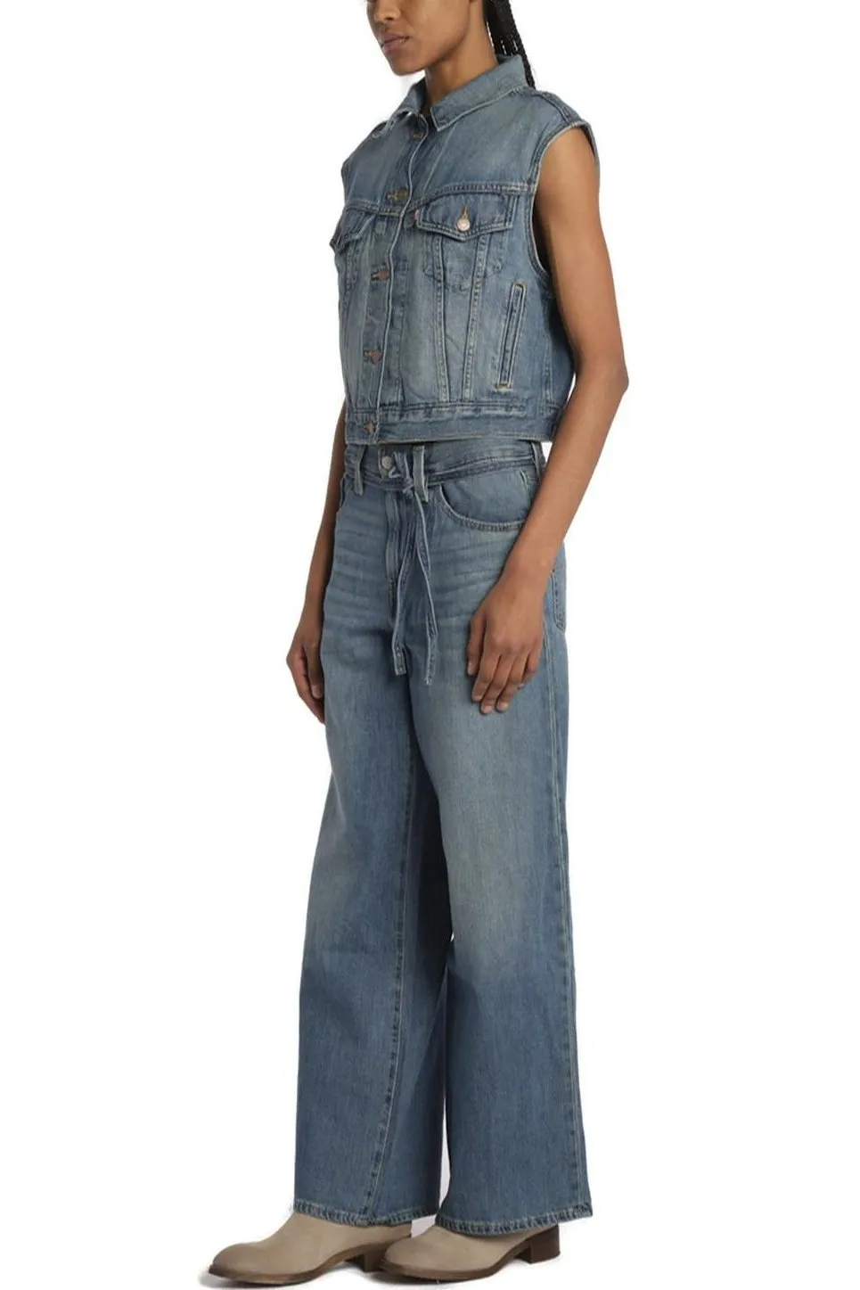 Denim Vest And Wide Leg Jeans Set