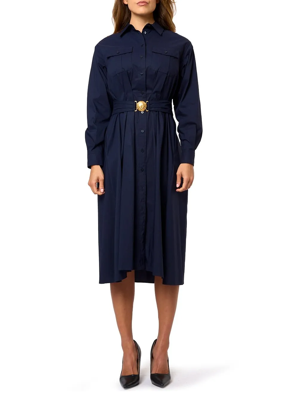 Button-Front Midi Dress With Belt