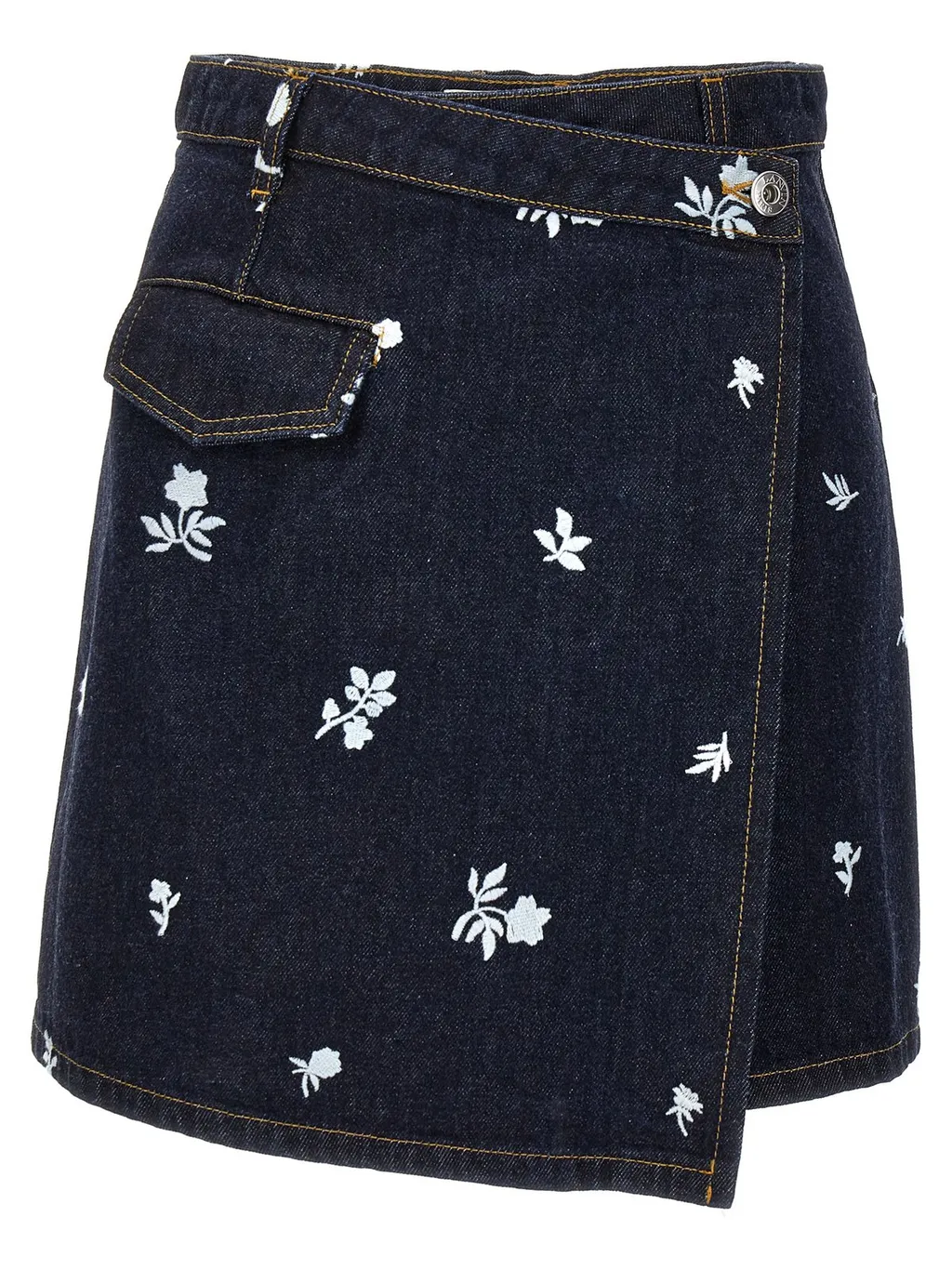 Denim Wrap Skirt With Floral Embroidery