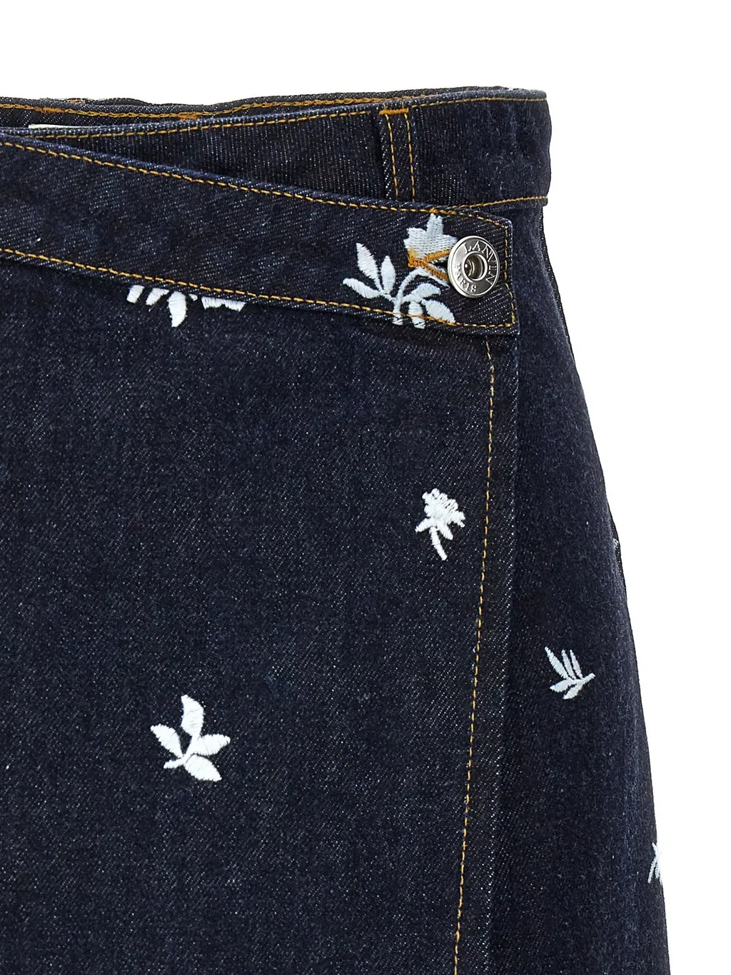 Denim Wrap Skirt With Floral Embroidery