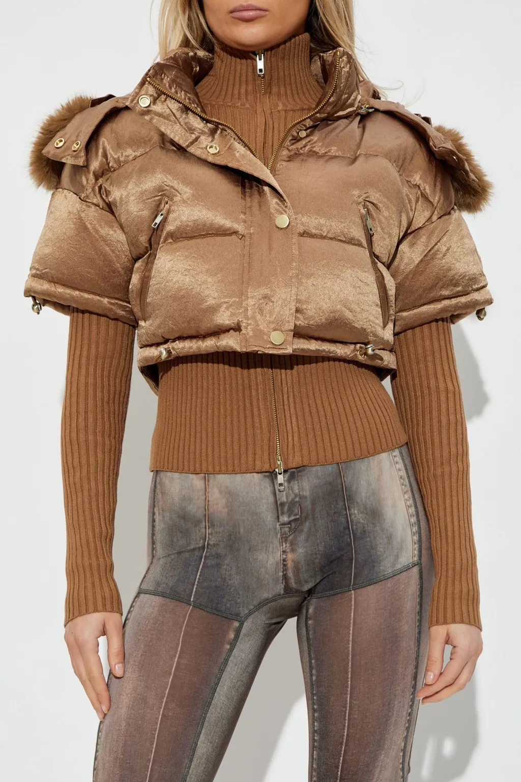 Cropped Down Jacket With Fur Trim