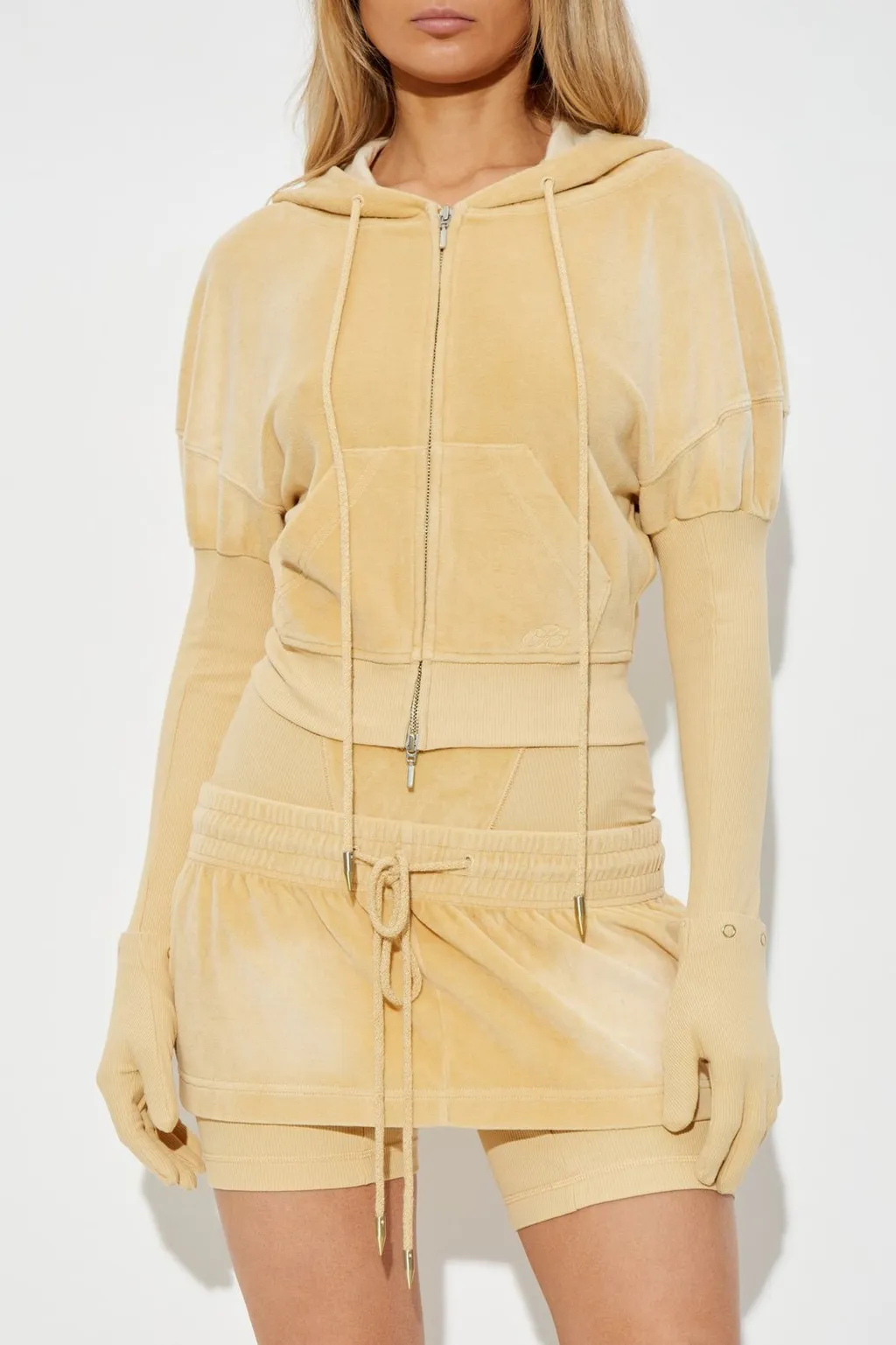 Velour Zip-Up Hoodie With Integrated Gloves