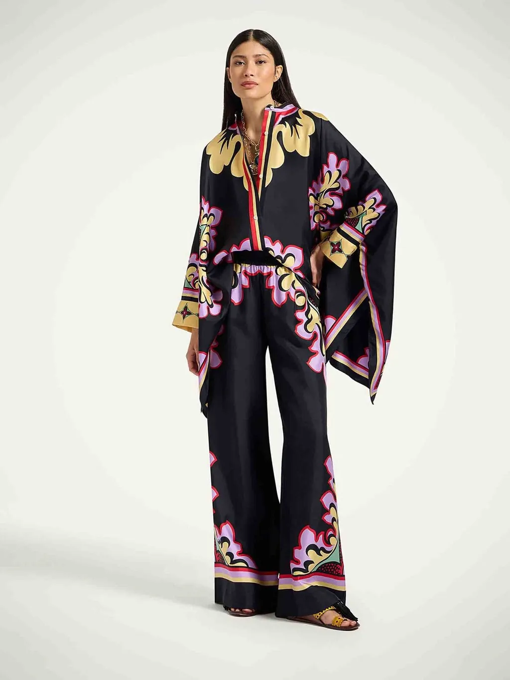 Wide-Leg Printed Silk Pants