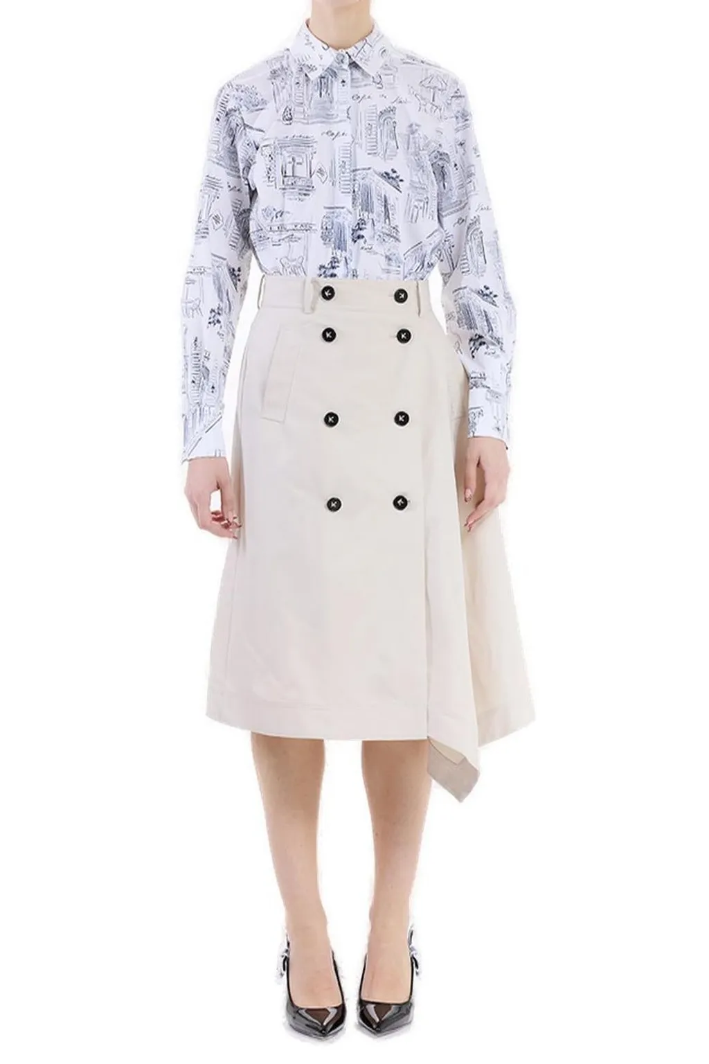 Double-Breasted Asymmetric Midi Skirt