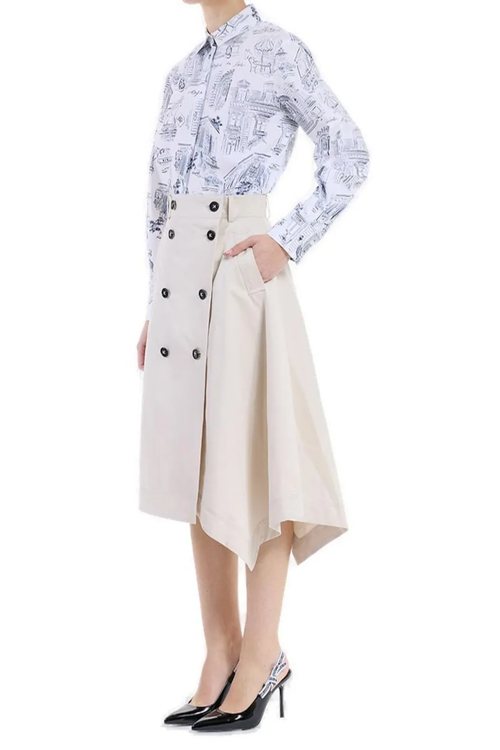 Double-Breasted Asymmetric Midi Skirt