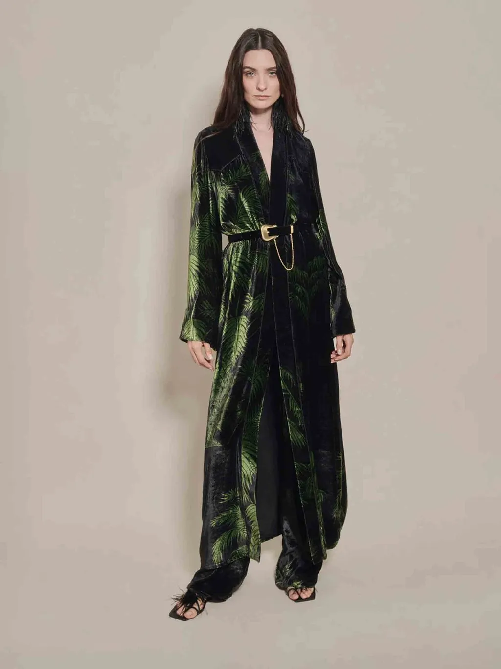 Palm Leaf Print Robe And Pants Set