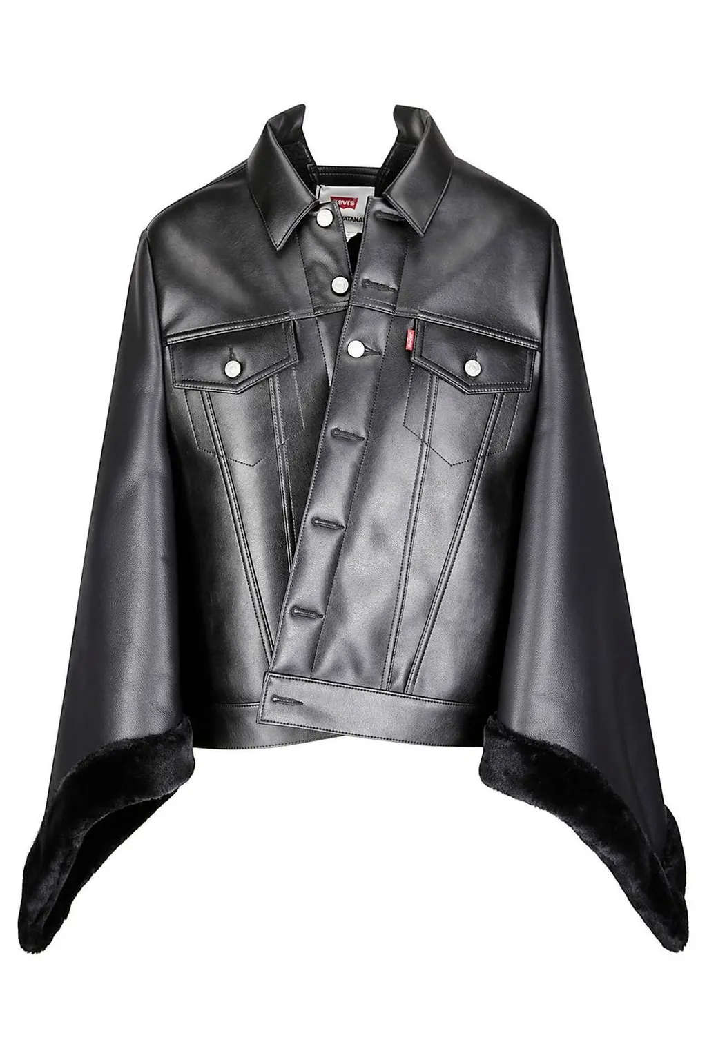 Faux Leather Cape Jacket With Fur Trim