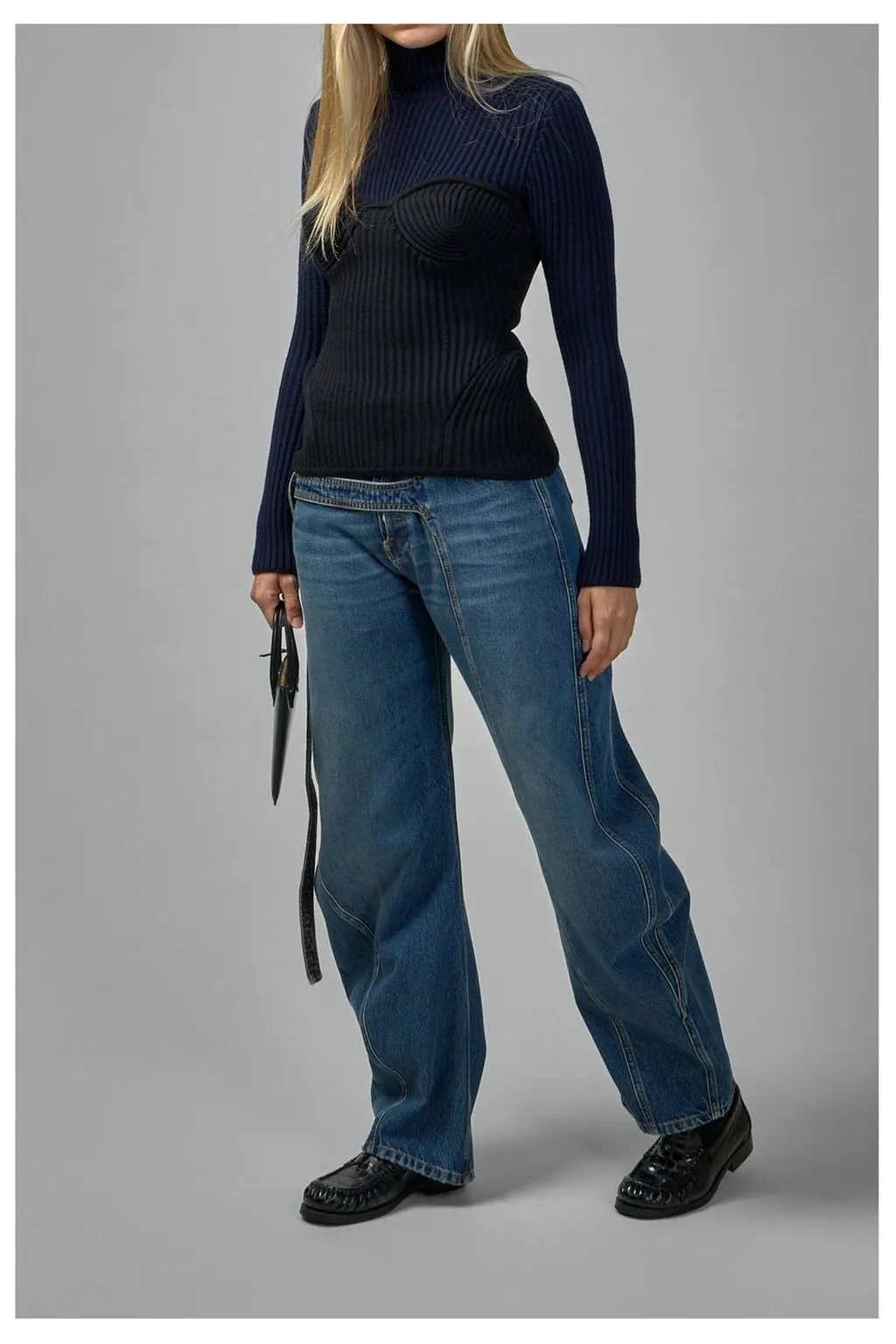 Ribbed Turtleneck Sweater With Corset Detail