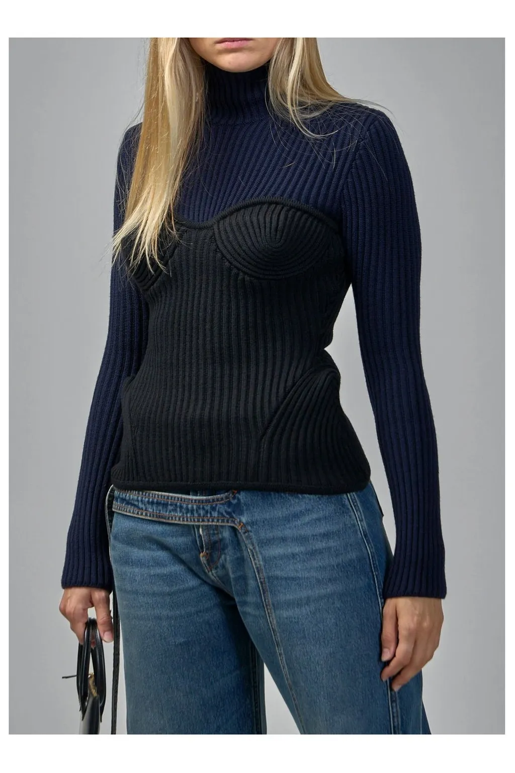 Ribbed Turtleneck Sweater With Corset Detail