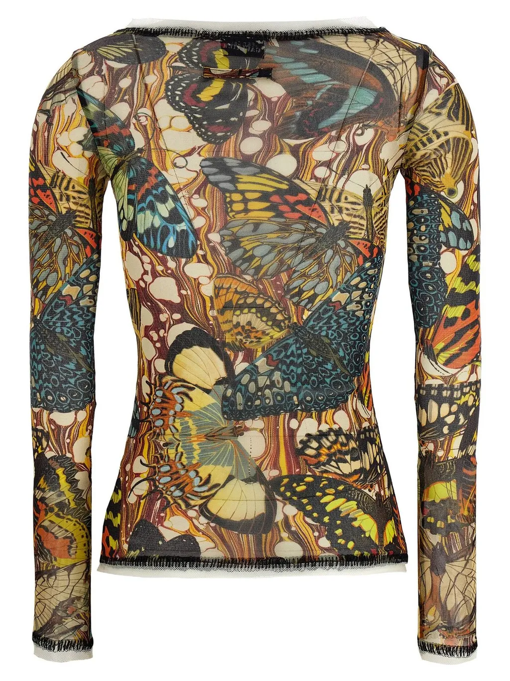 Long-Sleeved Mesh Top With Butterfly Print And Lace-Up Detail