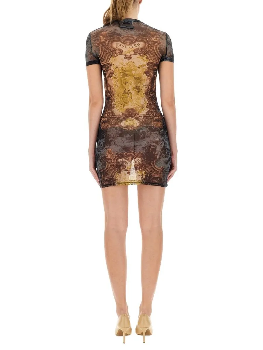 Mesh Tattoo Print Mini Dress