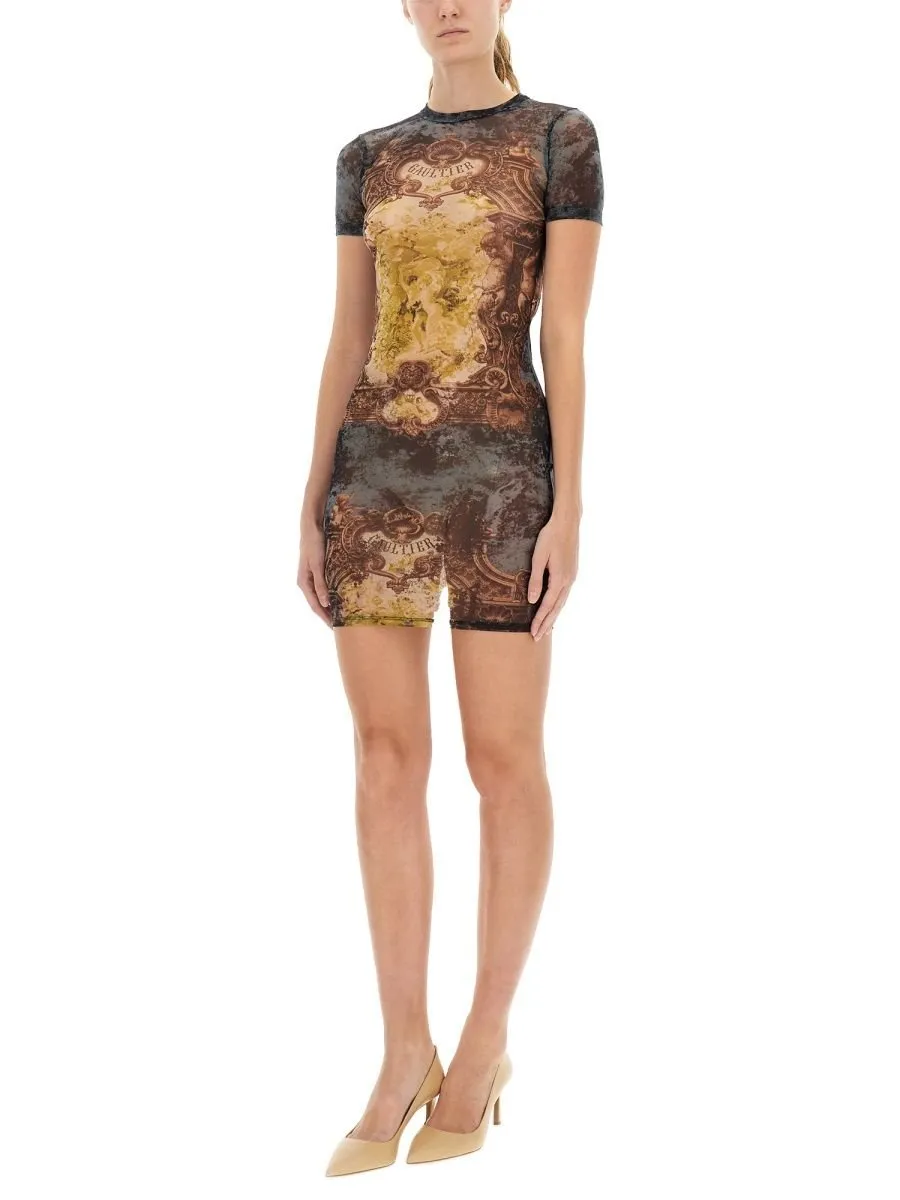 Mesh Tattoo Print Mini Dress