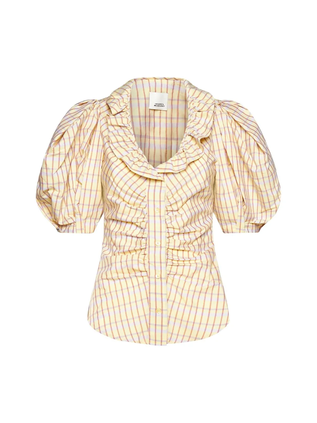 Puff-Sleeve Ruffled Plaid Shirt