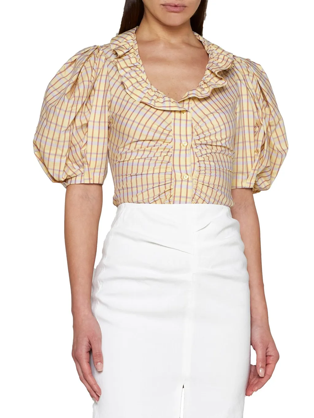 Puff-Sleeve Ruffled Plaid Shirt