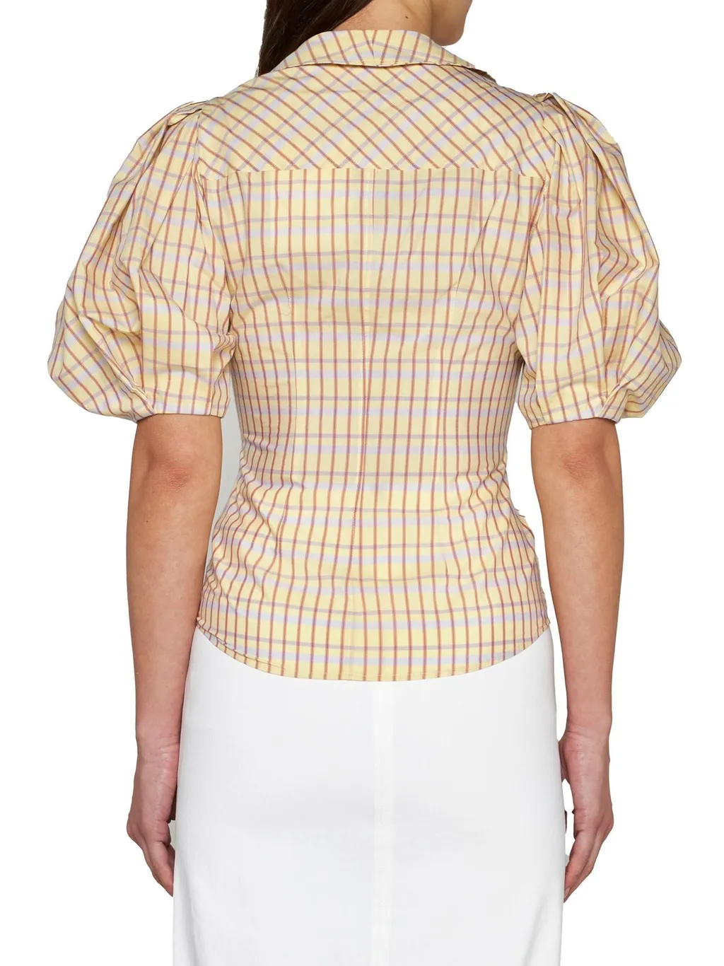 Puff-Sleeve Ruffled Plaid Shirt