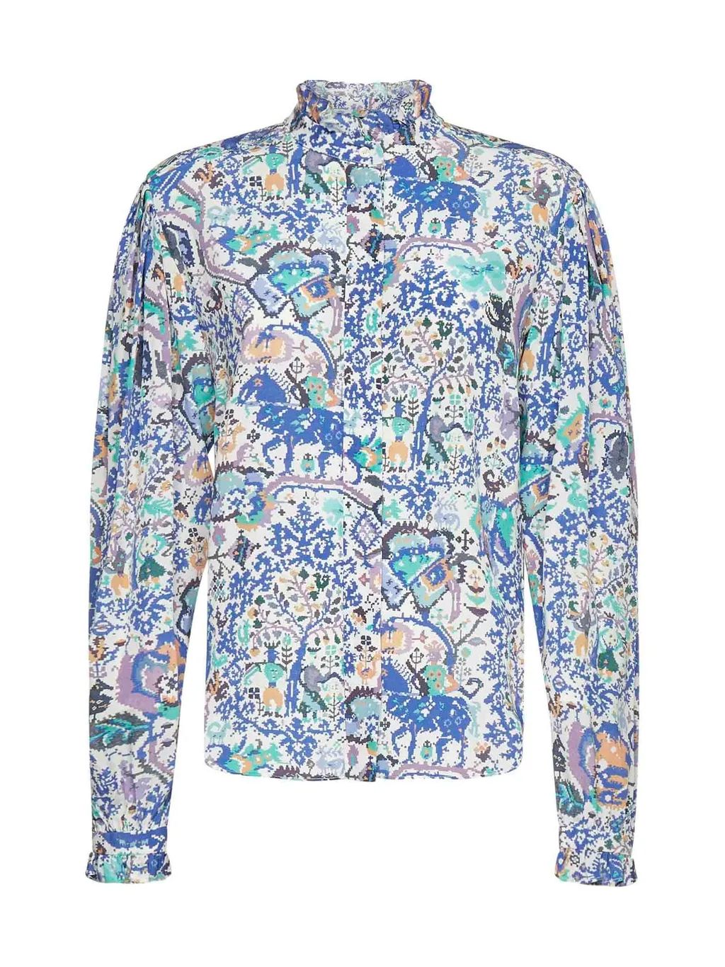Printed Ruffled High-Neck Blouse