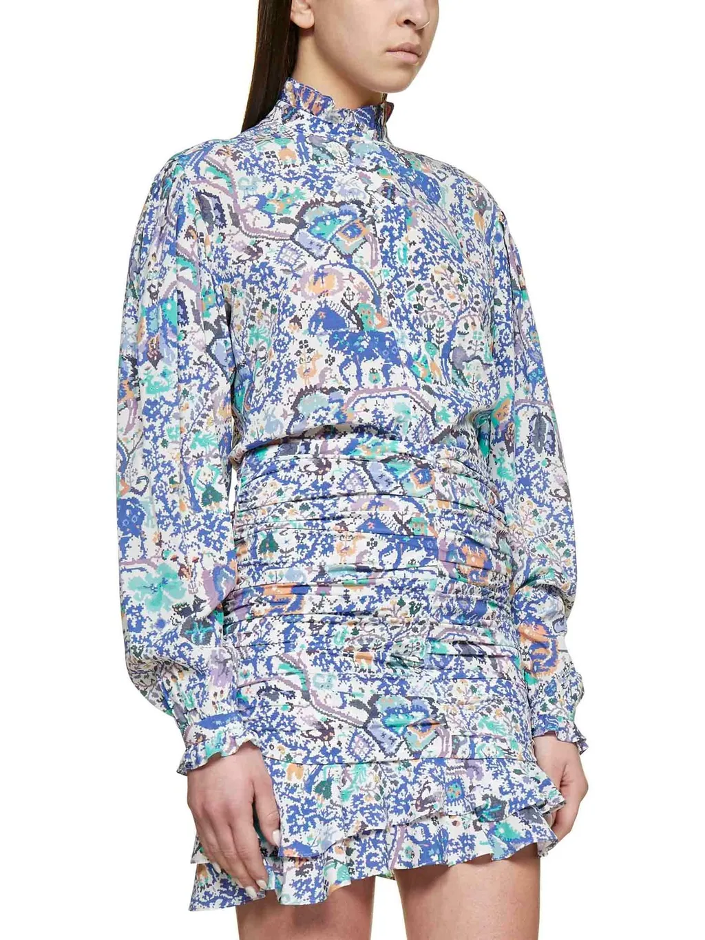 Printed Ruffled High-Neck Blouse