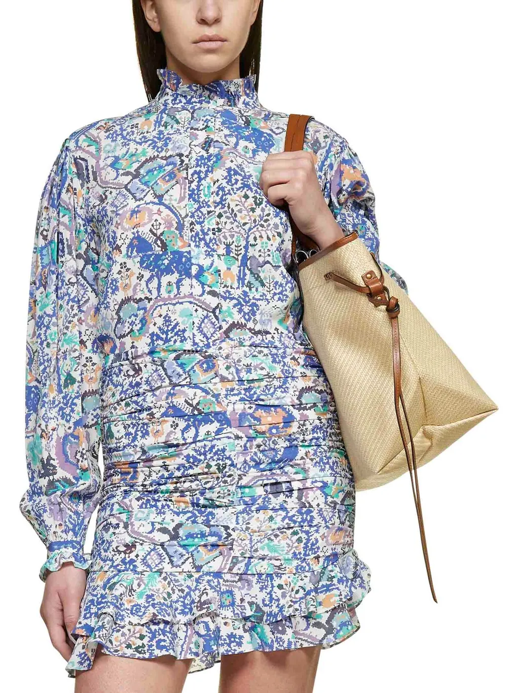 Printed Ruffled High-Neck Blouse