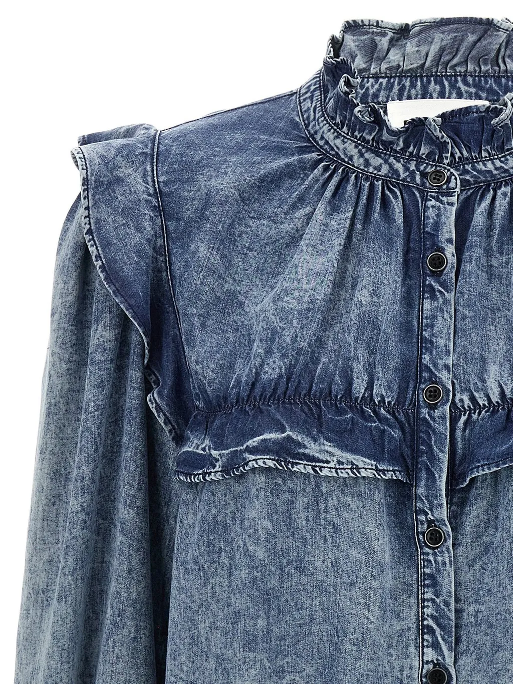 Denim Shirt With Ruffled Collar And Yoke