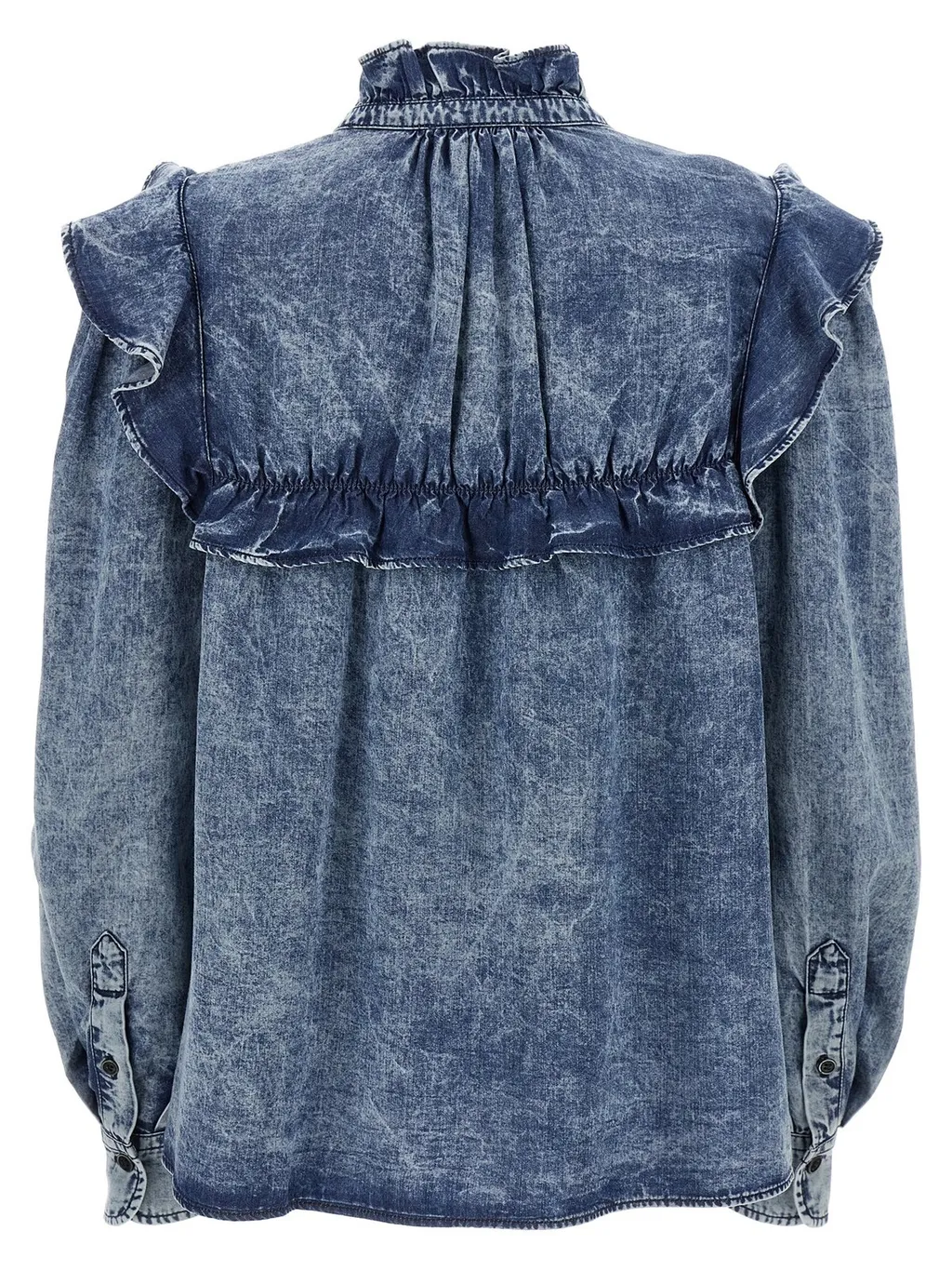 Denim Shirt With Ruffled Collar And Yoke