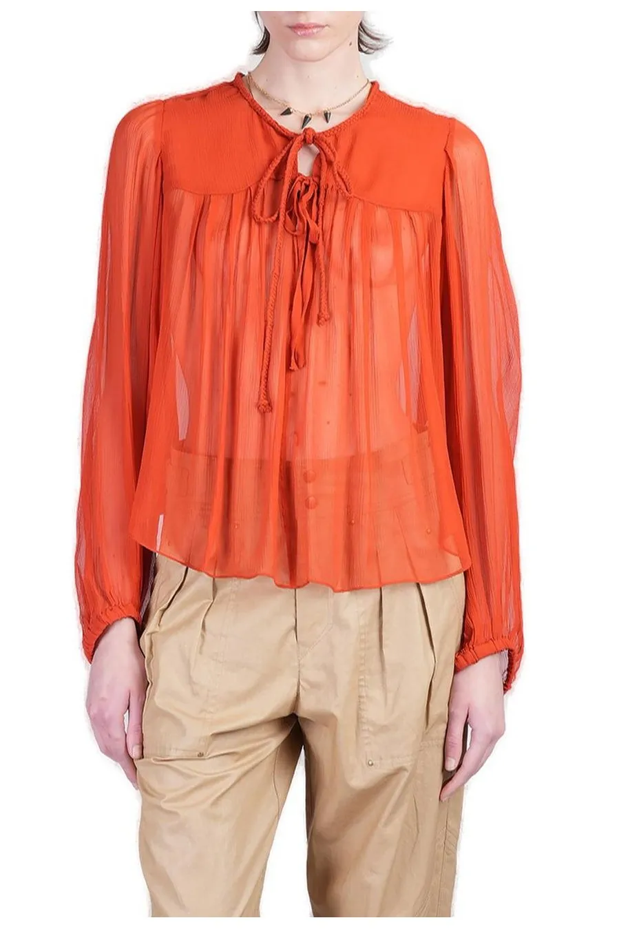 Sheer Blouse With Tie Neck