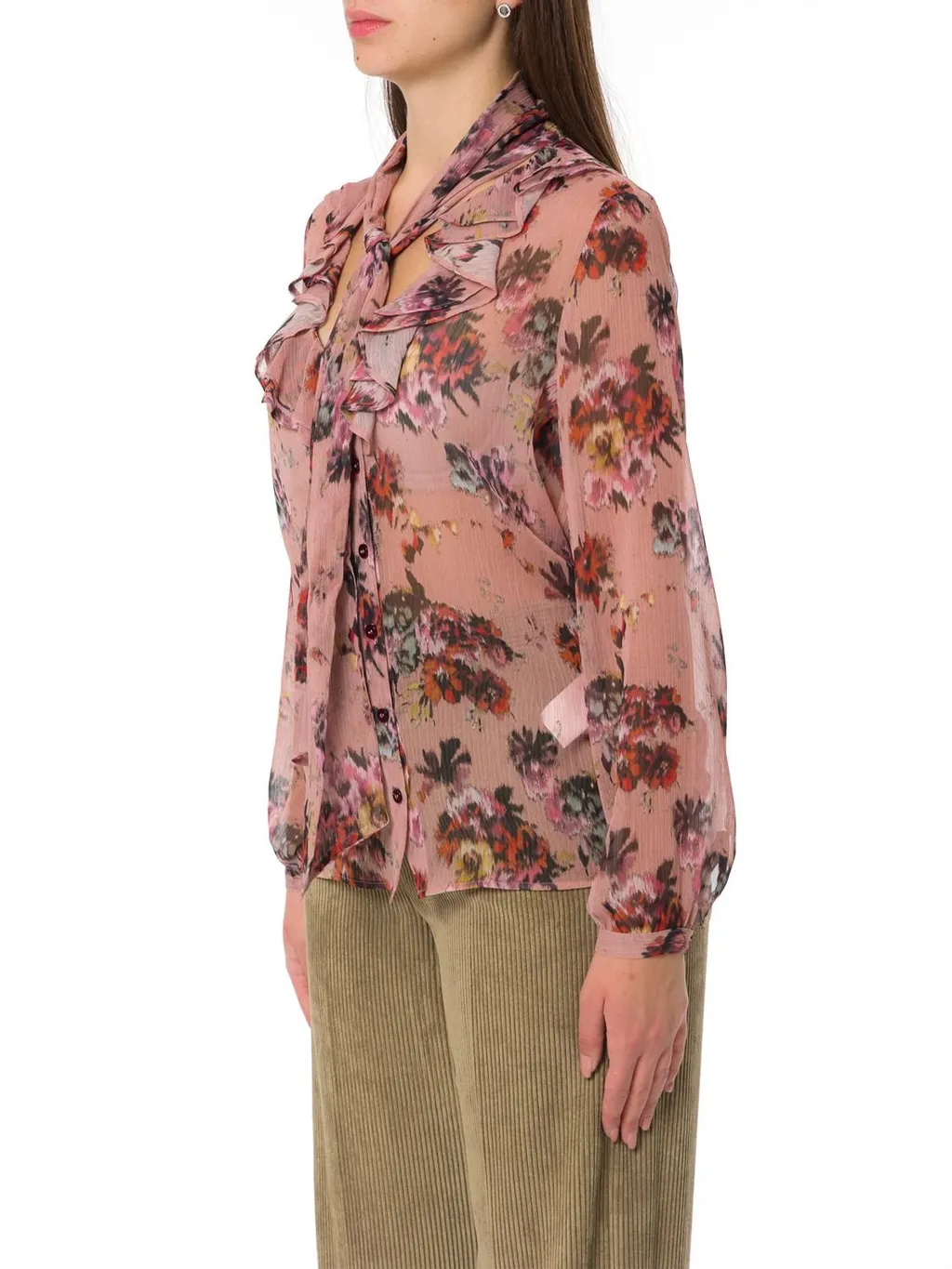 Floral Print Ruffle Tie Neck Blouse