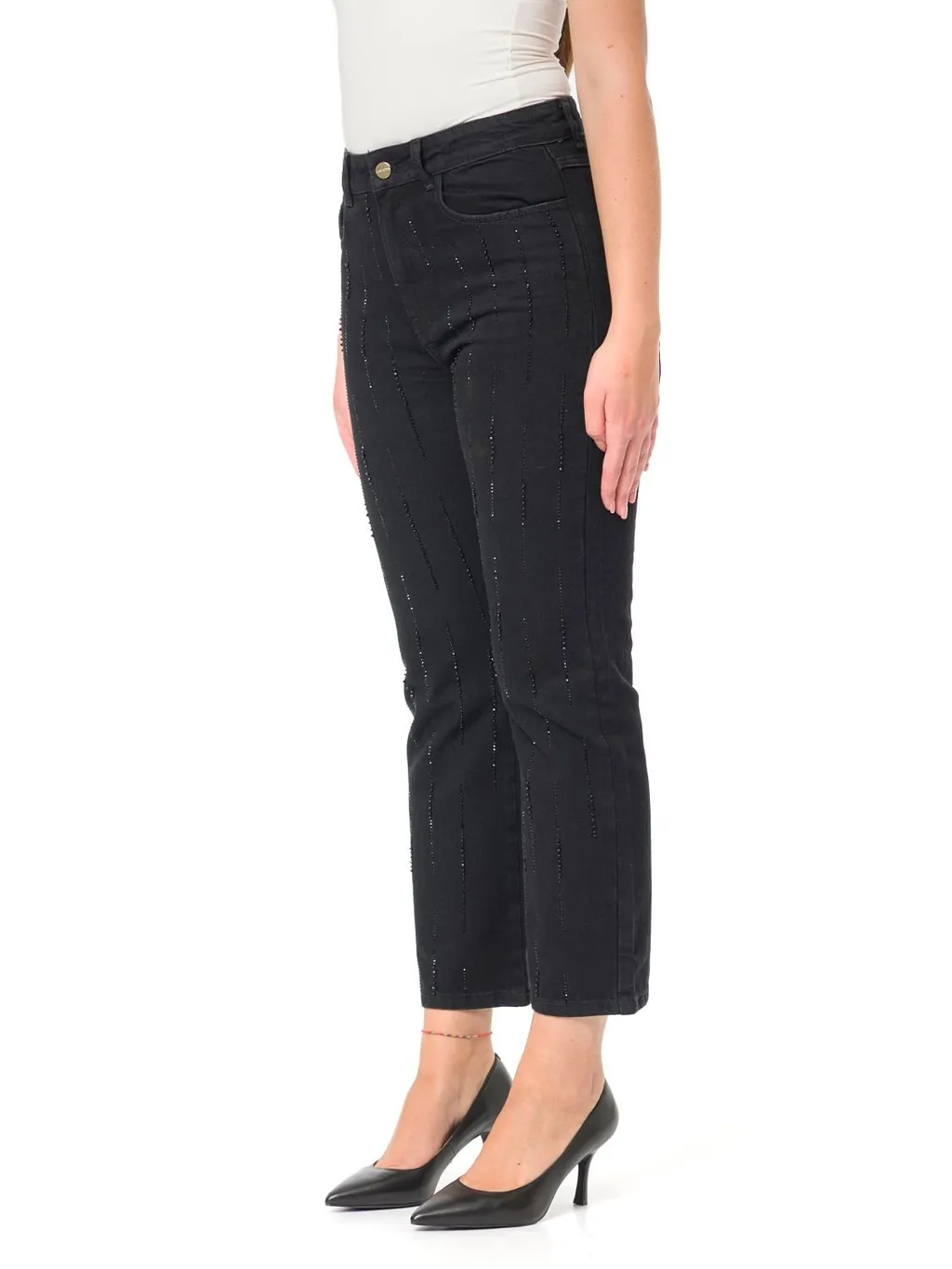 Straight Leg Jeans With Rhinestone Embellishments