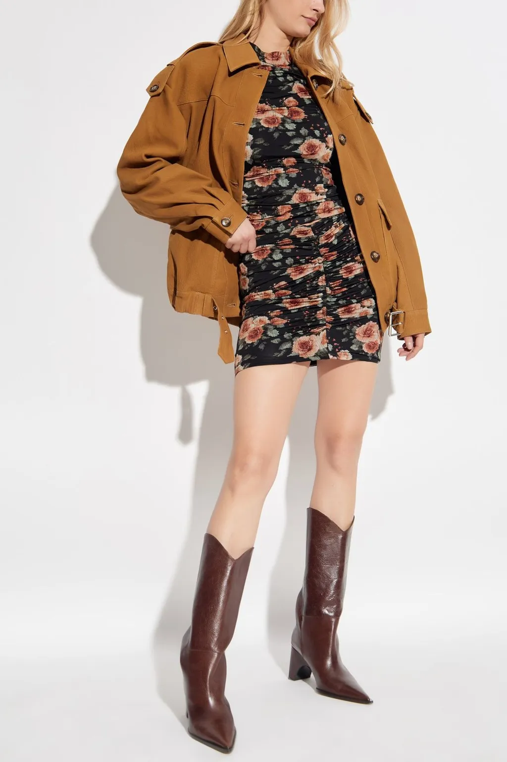 Floral Print Ruched Mock Neck Top