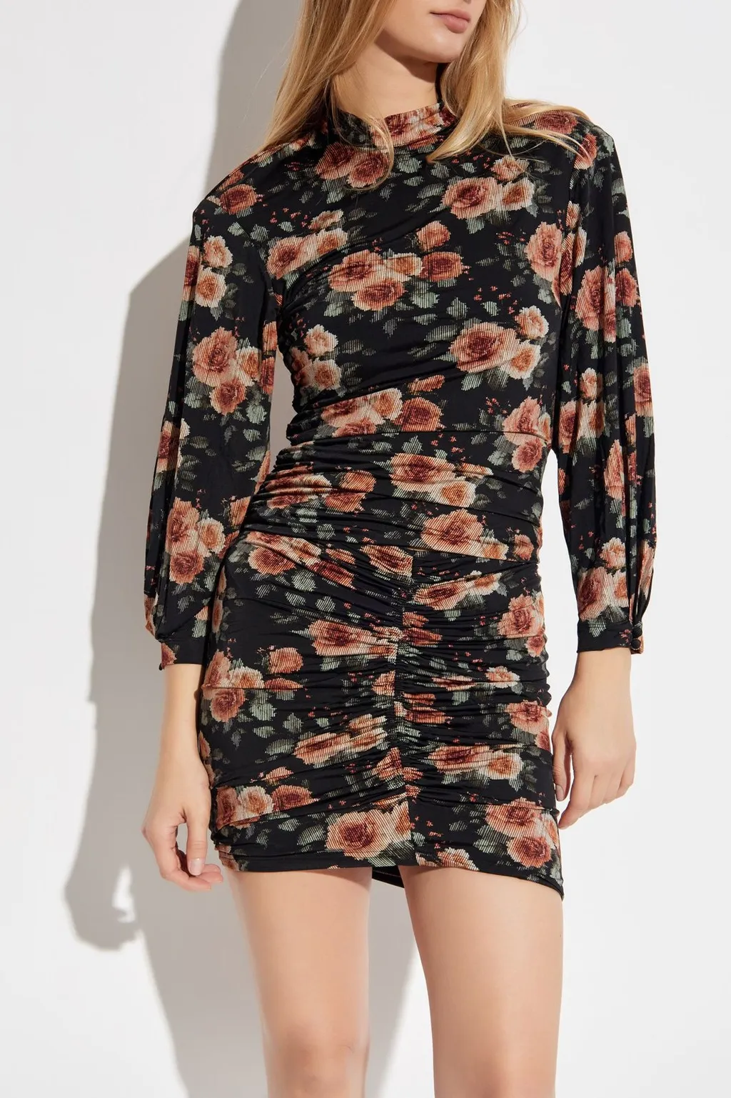 Floral Print Ruched Mock Neck Top