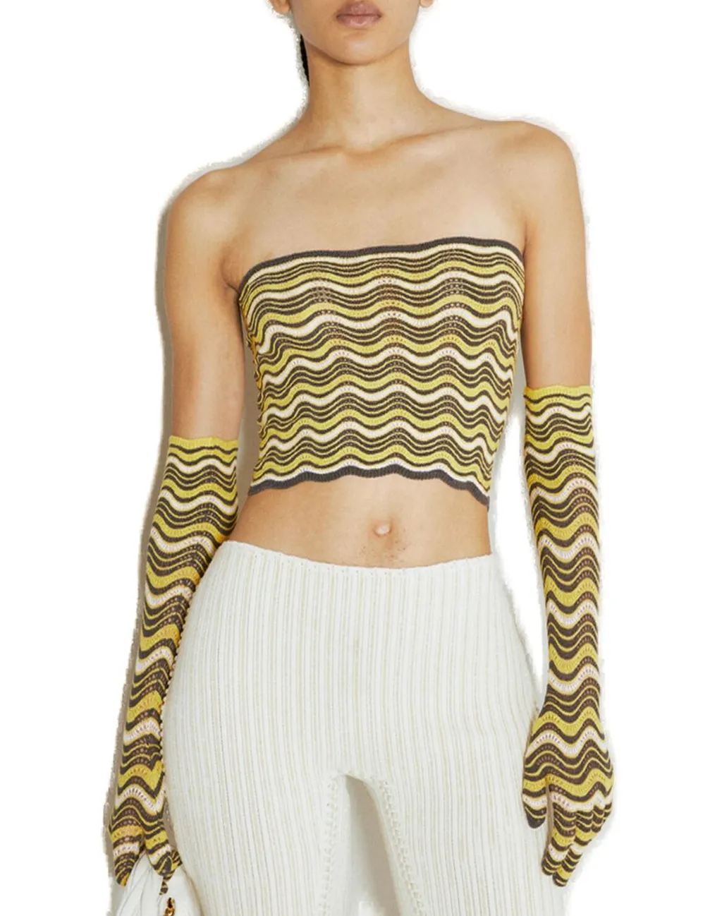 Cropped Zigzag Knit Tube Top And Gloves Set