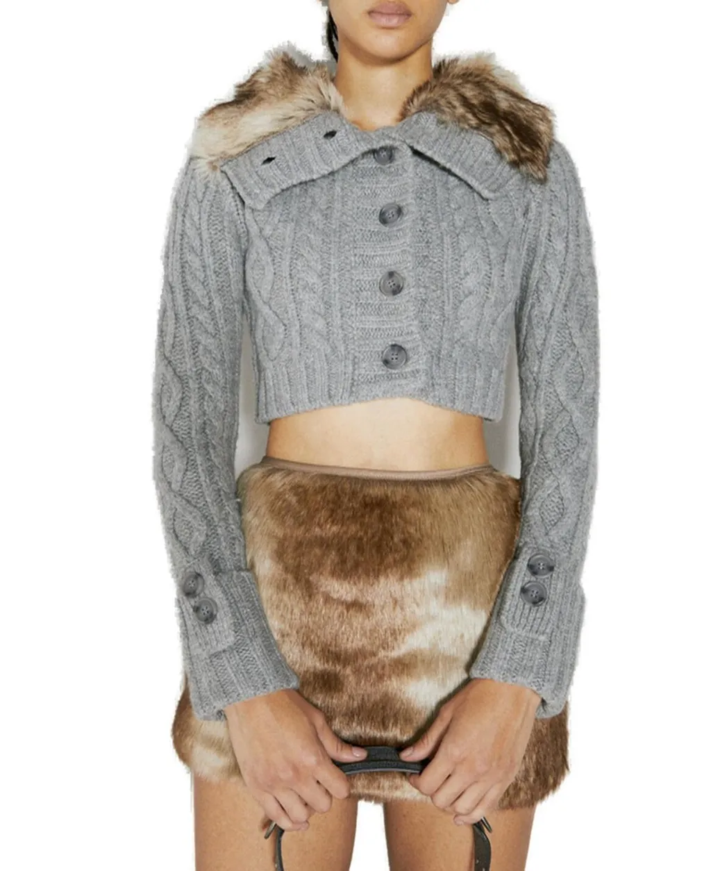 Cropped Cable Knit Cardigan With Faux Fur Trim