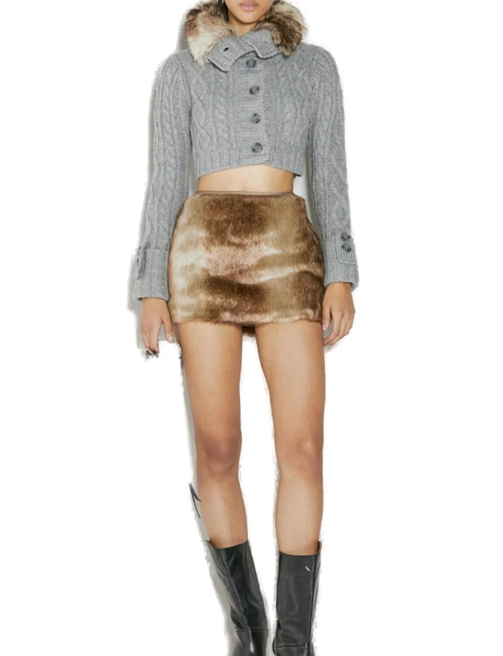 Cropped Cable Knit Cardigan With Faux Fur Trim