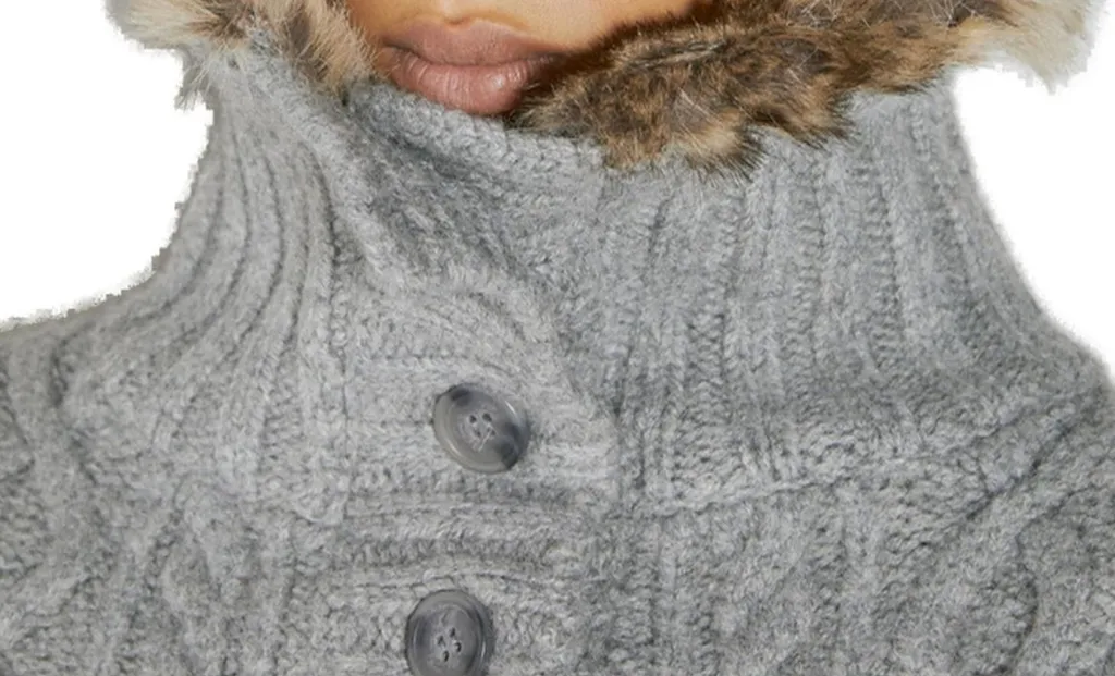 Cropped Cable Knit Cardigan With Faux Fur Trim