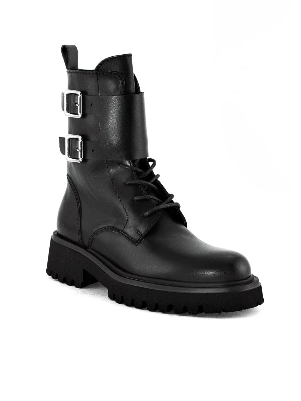 Lace-Up Combat Boots With Buckle Straps